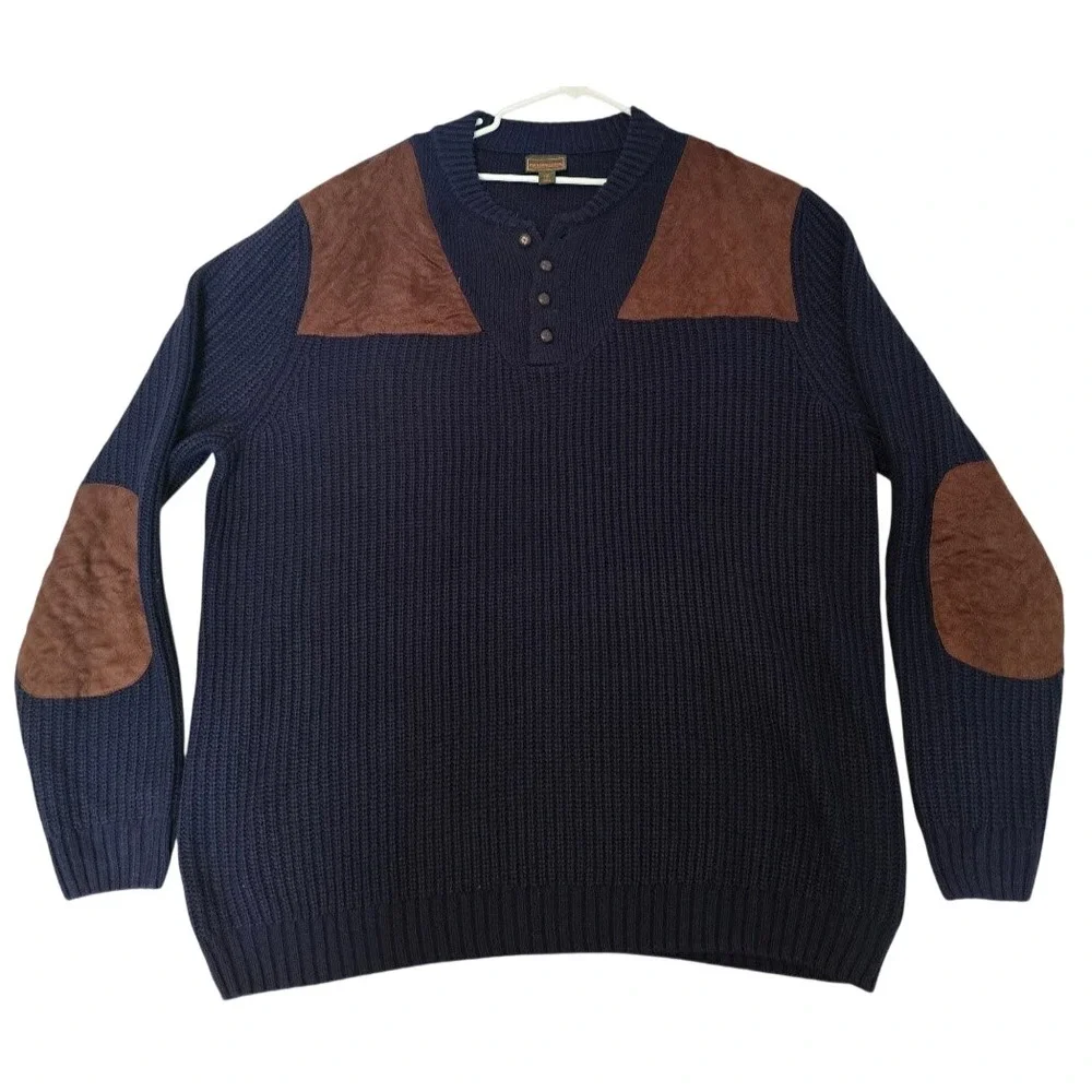 Boulder Creek Henley Sweater Mens 3XL Tall Navy Blue Suede Patch Rib Knit  1240